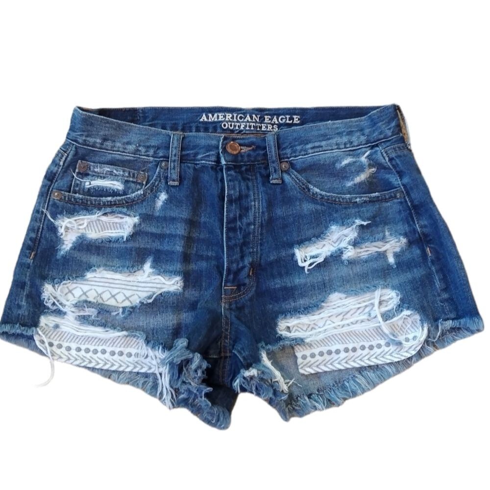 American Eagle Vintage Hi Rise Festival Button Fly Distressed Jean Shorts